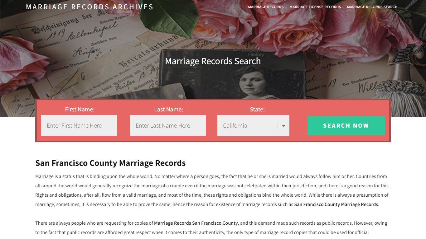 San Francisco County Marriage Records | Enter Name and Search